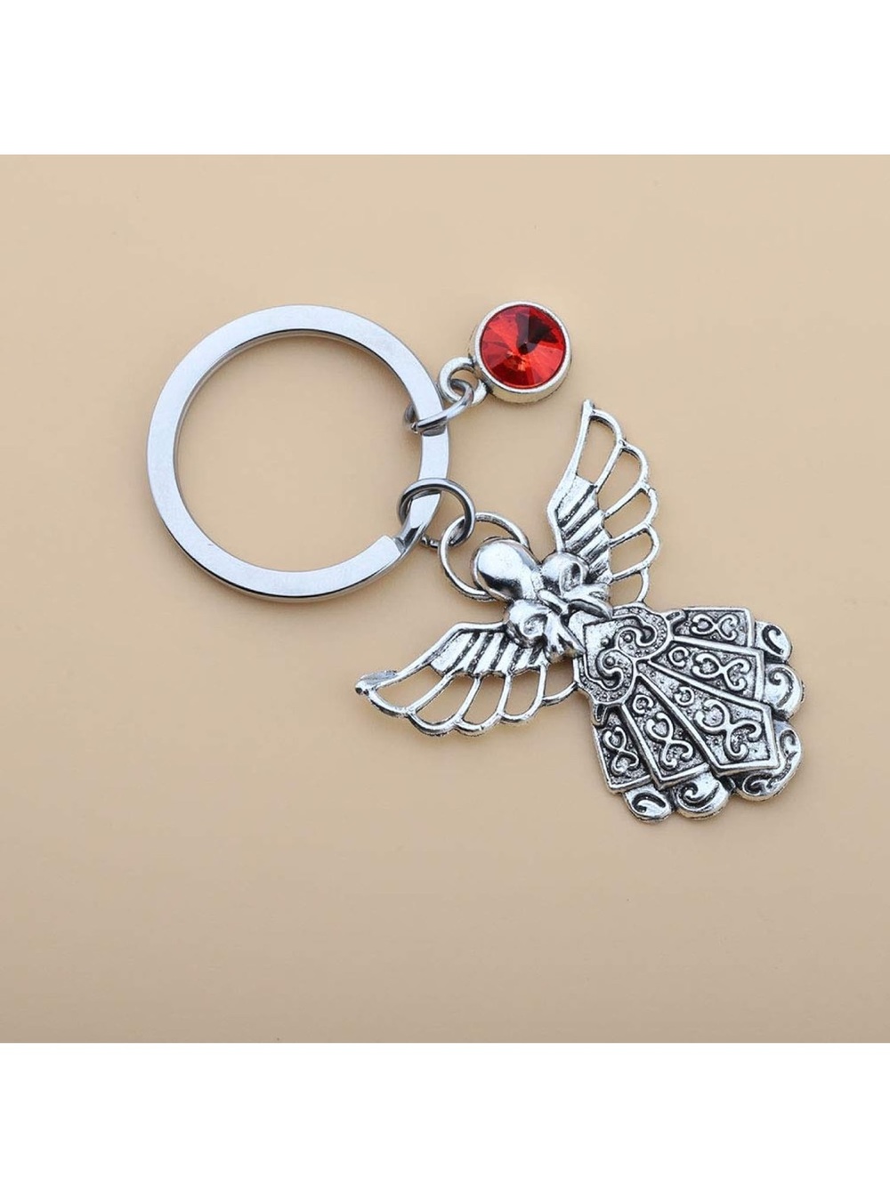 NEW Silver Angel Wing Keychain Charm with Red Crystal Accent